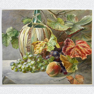 A. Leibig, Aquarell, Stillleben mit Weinlaub und Früchten